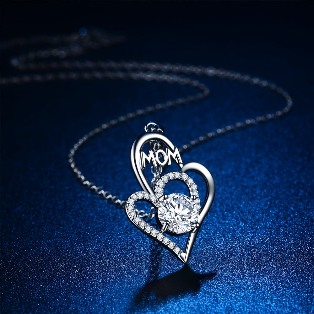 Stainless Steel Heart-Shaped MOM Double Heart Cubic Zircon Color Separation Necklace Mother's Day Gift