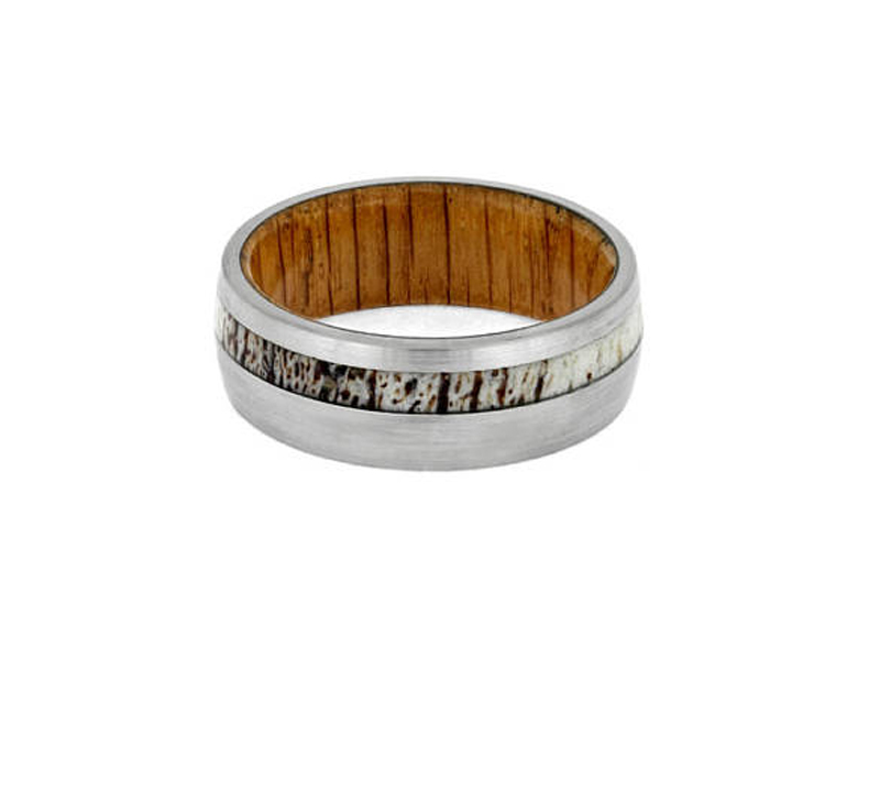 8MM Comfort Fit Titanium Antler And Whiskey Barrel Ring