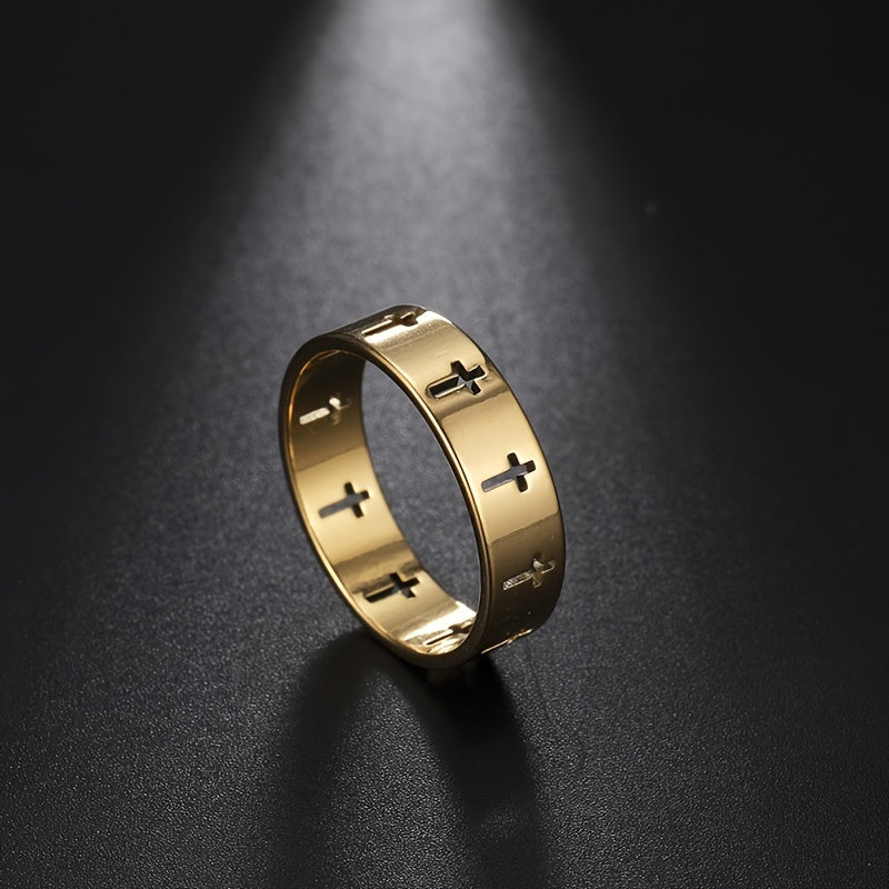 Gold Hollow Out Cross Stainless Steel Ring