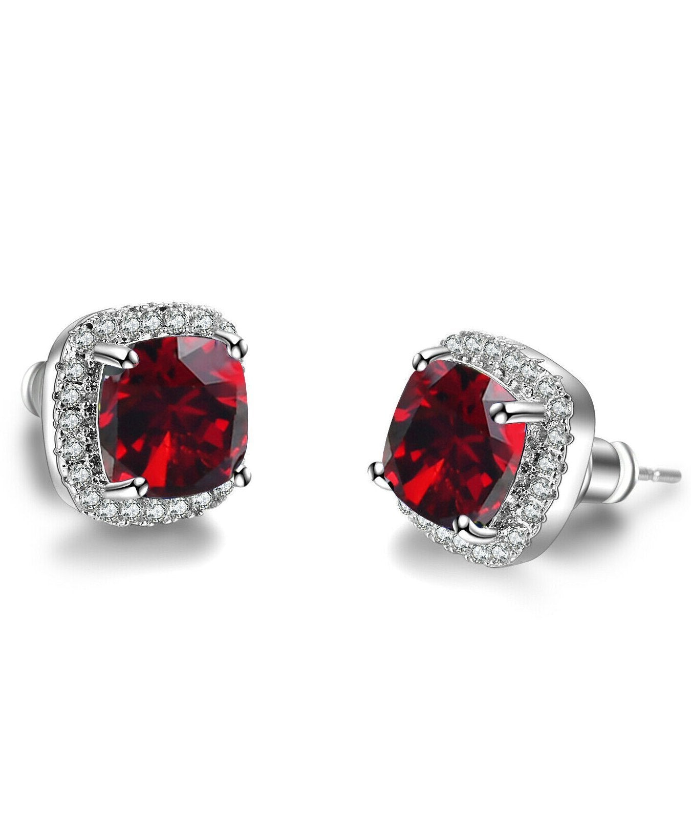 Princess Halo Cut Stud Earring With Austrian Crystals - Red In White Gold Plated BOGO