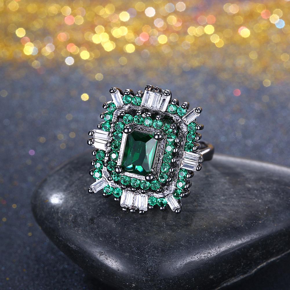 Black Plated Double Teired Cocktail Ring With Green Emerald  Crystals Ring