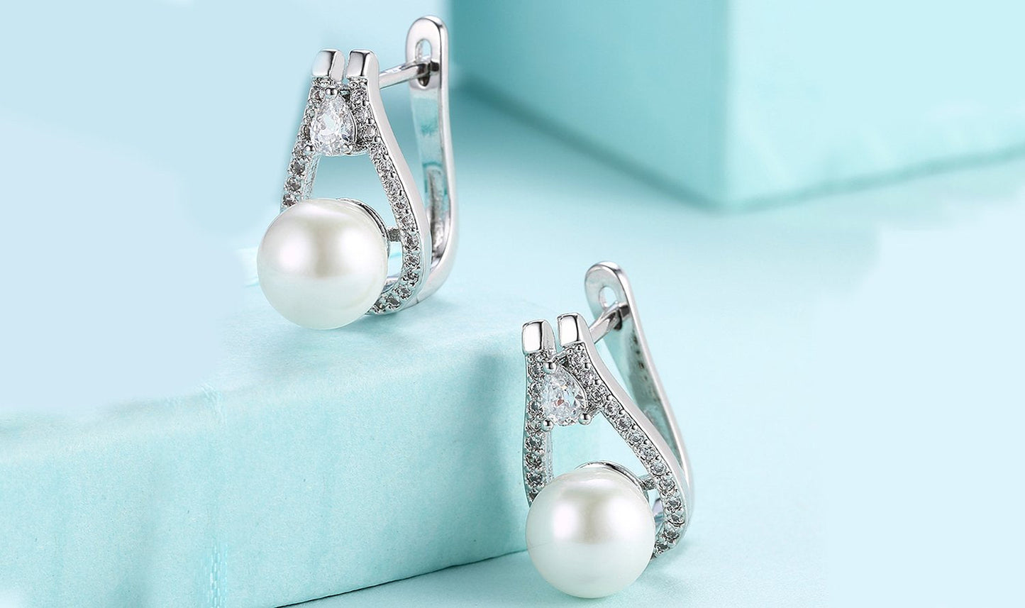 White Gold Plating Austrian Elements Pav'e Freshwater Pearl Pear Cut Earrings