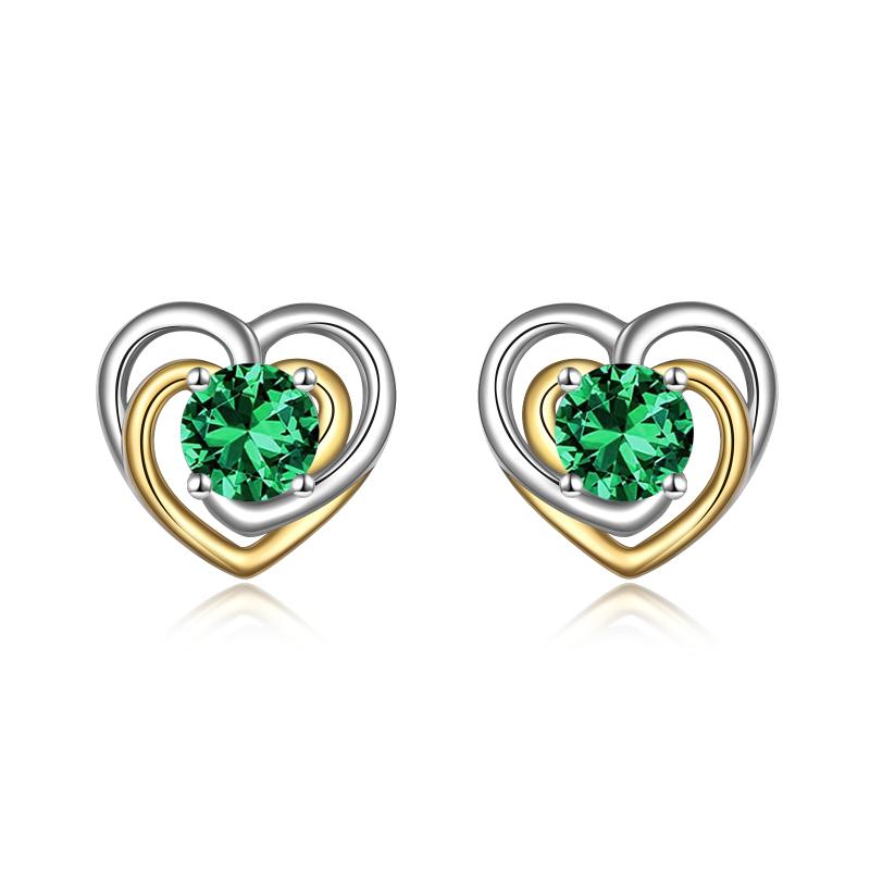 Stainless Steel Heart Stud Earrings With May Birthstone Emerald For Women