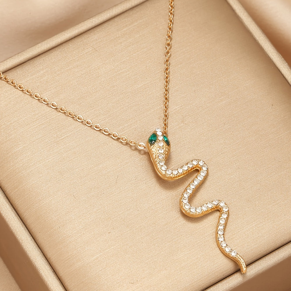 Snake Pendant Necklace Gold Sparkling Green Zircon Eye Adjustable Chain Trendy Animal Element Dainty Jewelry Gift For Women Girls Her