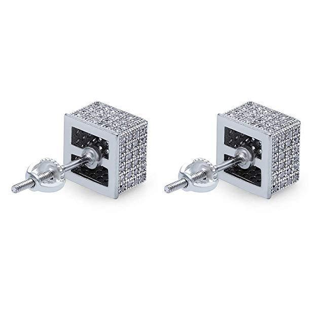 3D Cubed White Elements Stud Earrings In White Gold Men Women