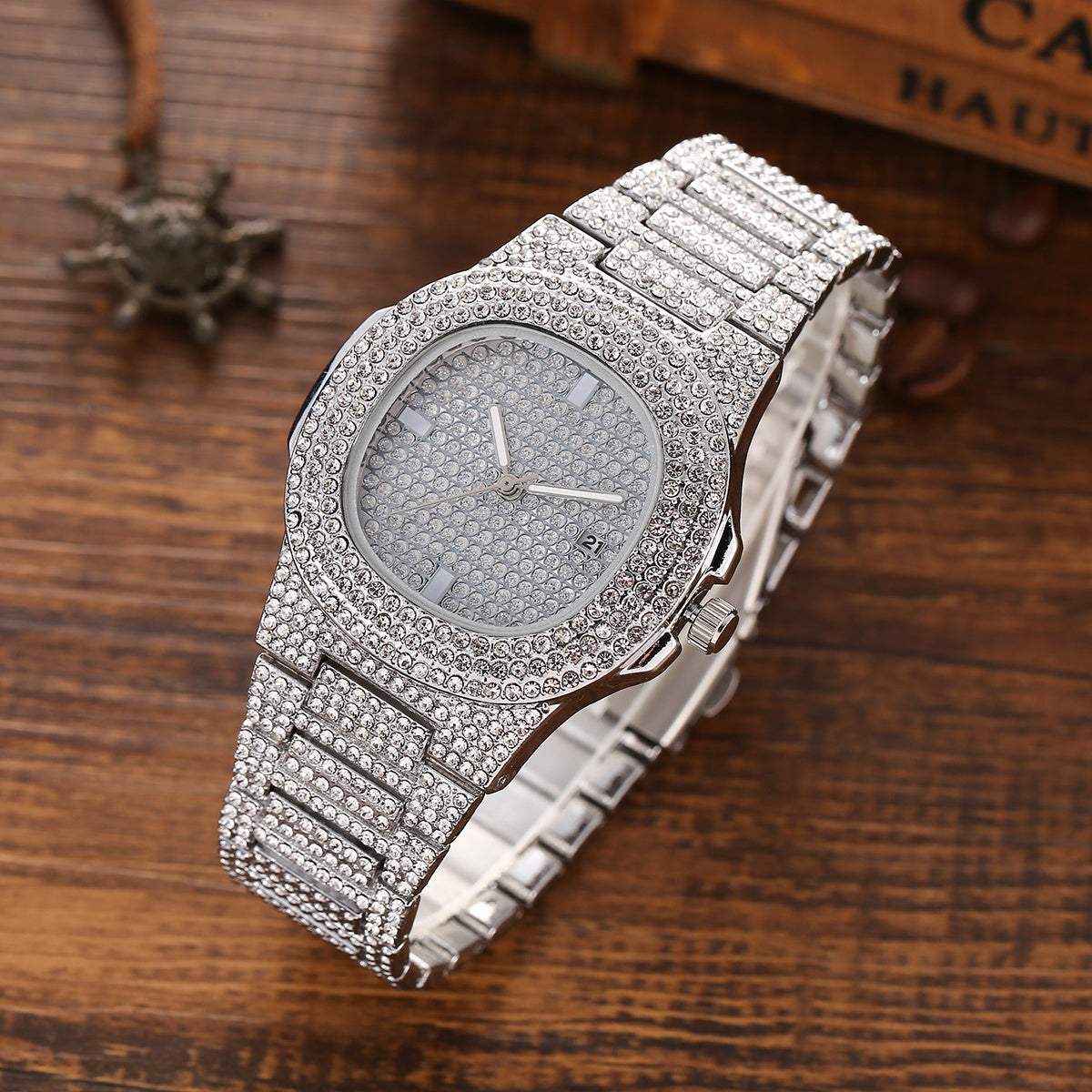 3pcs/set Quartz Watch & Rhinestone Bracelet & Necklace Gifts For Men Father's Day Anniversary