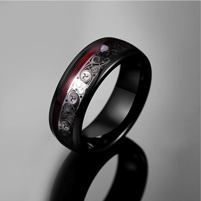 Spiral Motif And Red Guitar String Tungsten Ring 8MM