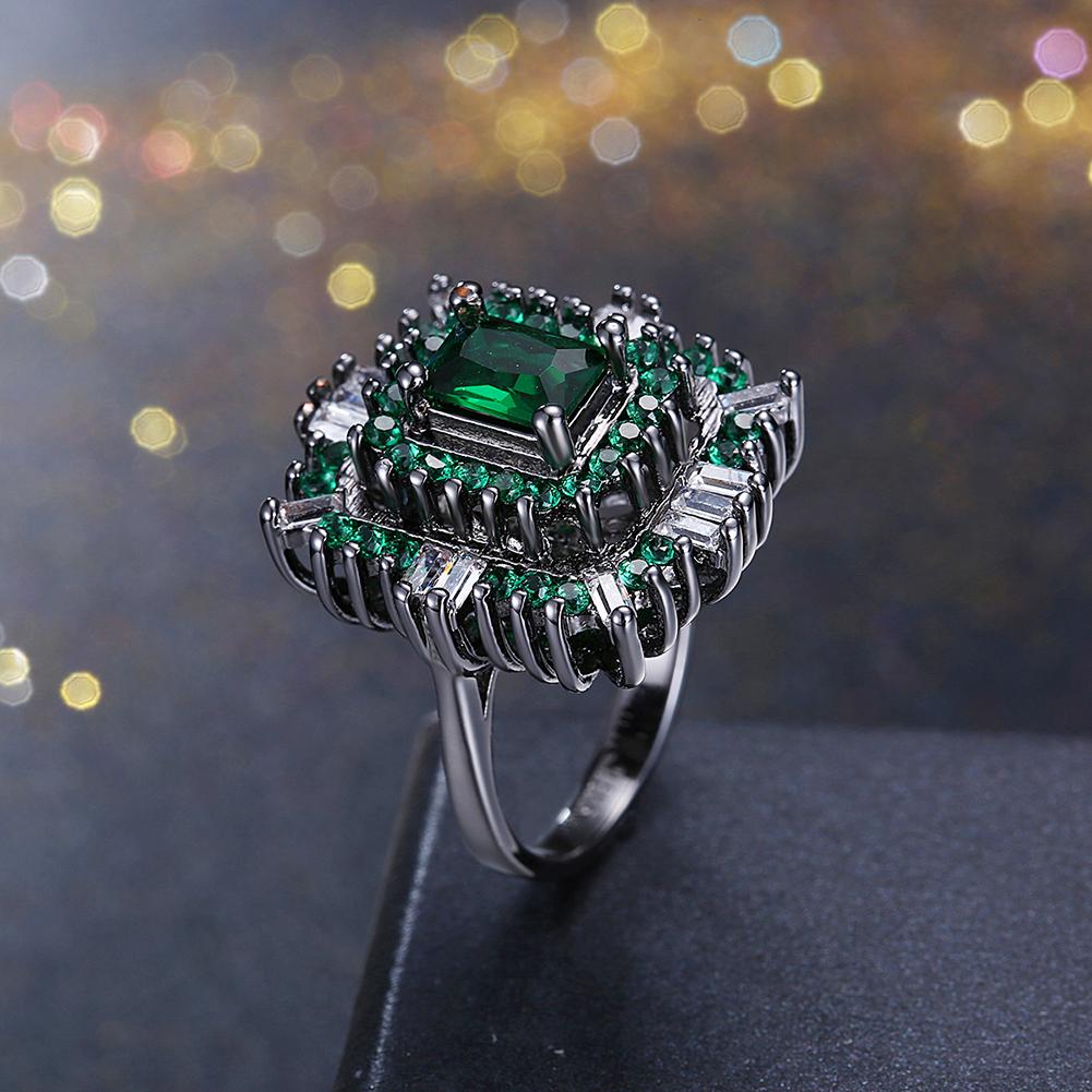 Black Plated Double Teired Cocktail Ring With Green Emerald  Crystals Ring