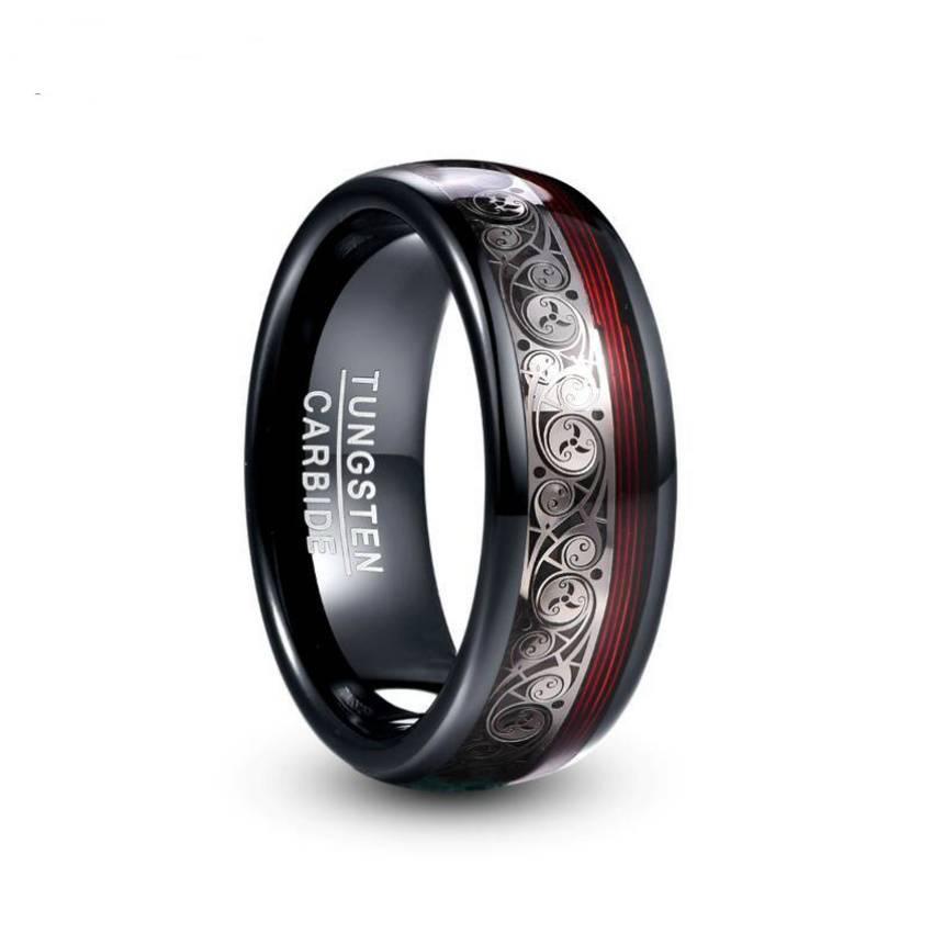 Spiral Motif And Red Guitar String Tungsten Ring 8MM