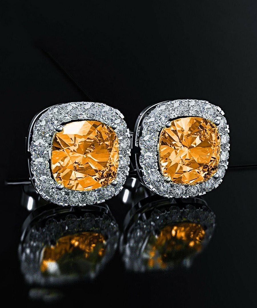 Princess Halo Cut Stud Earring With Austrian Crystals - Orange In White Gold Plated