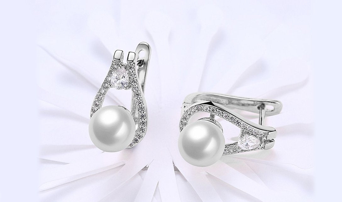 White Gold Plating Austrian Elements Pav'e Freshwater Pearl Pear Cut Earrings