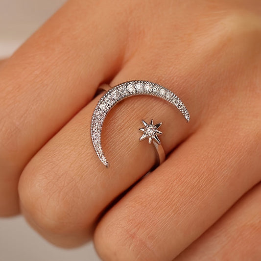 White Gold Crescent Moon & Star Adjustable Open Ring For Her In Stainless Steel