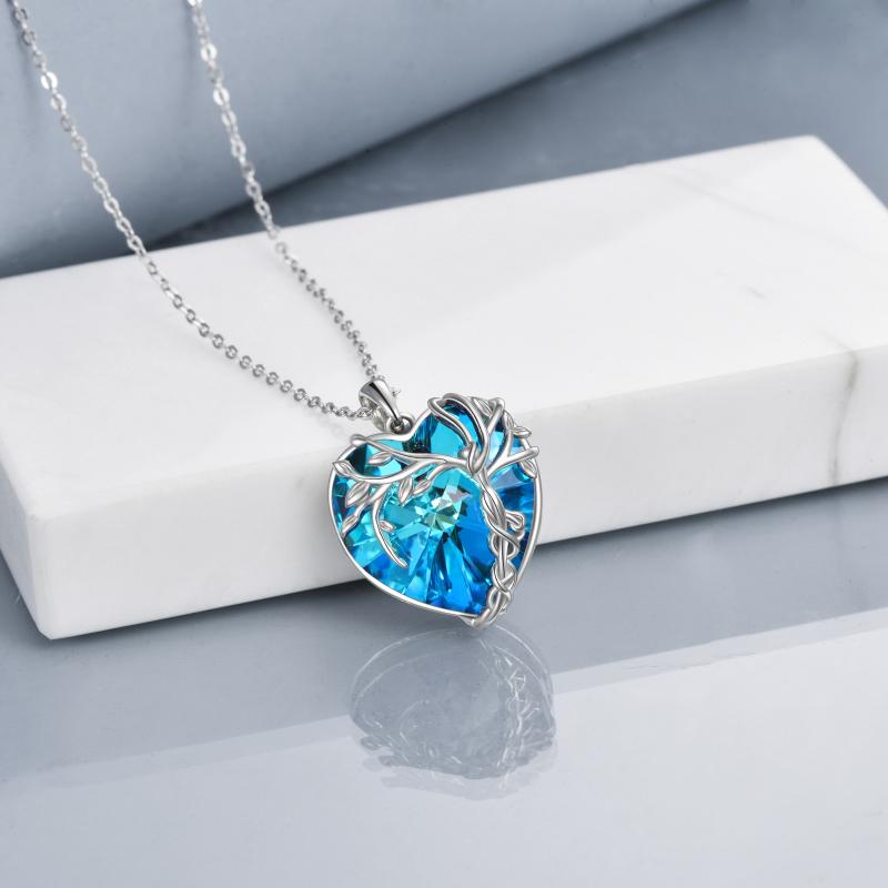 Stainless Steel Blue Crystal Heart Pendant Tree Of Life Necklace