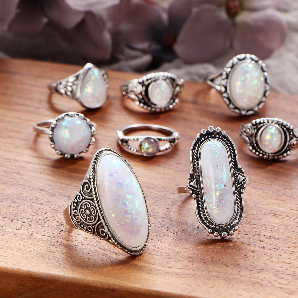 White Gold Plated 8 Piece Opal Ring Set With Austrian Crystals