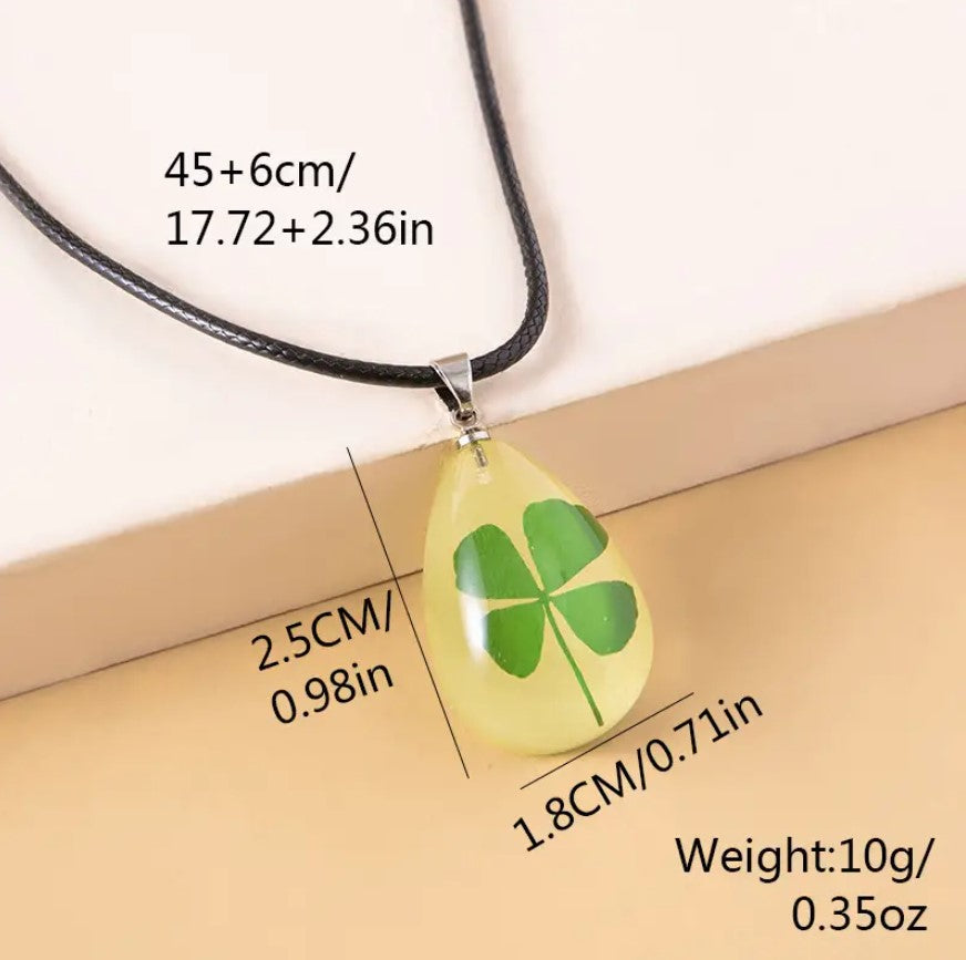 Luminous St. Patrick's Day Pendant Necklace Four Leaf Clover Water Drop Pendant