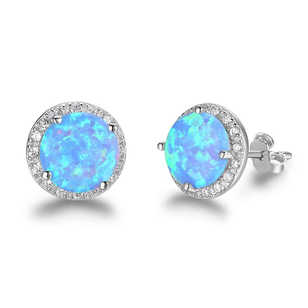 Stainless Steel Earrings For Women – 10mm Blue Opal Stone – Ocean Style Stud Earrings – Trendy Jewelry Gift For Her