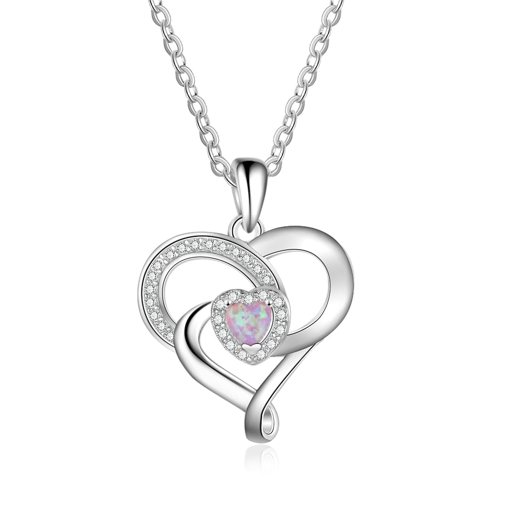 Ladies Heart-Shaped Pink Opal Zircon Pendant Necklace