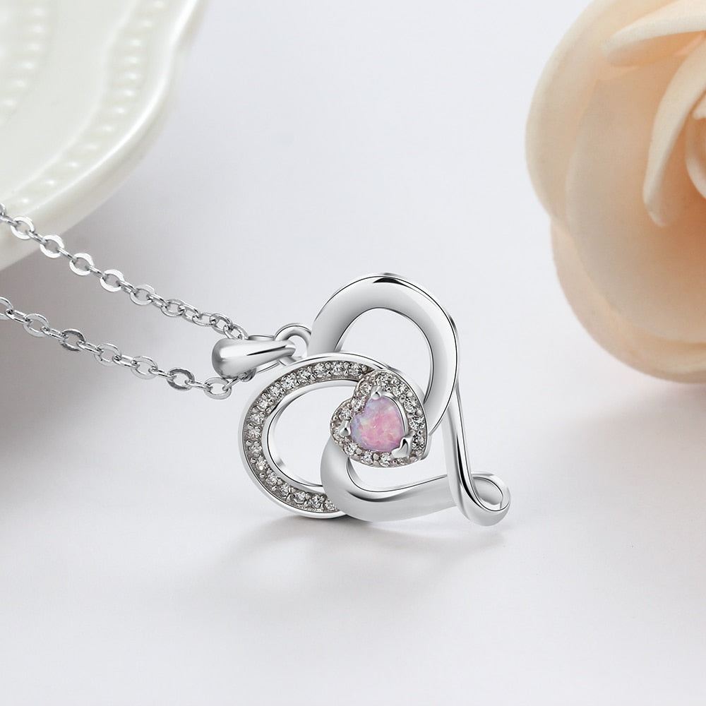 Ladies Heart-Shaped Pink Opal Zircon Pendant Necklace