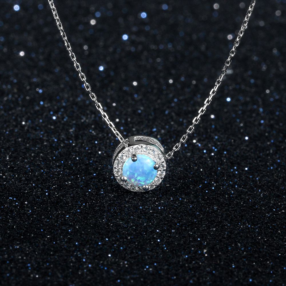 Round Opal Pendant Stainless Steel Cubic Zirconia Circle Necklace Birthday Gifts