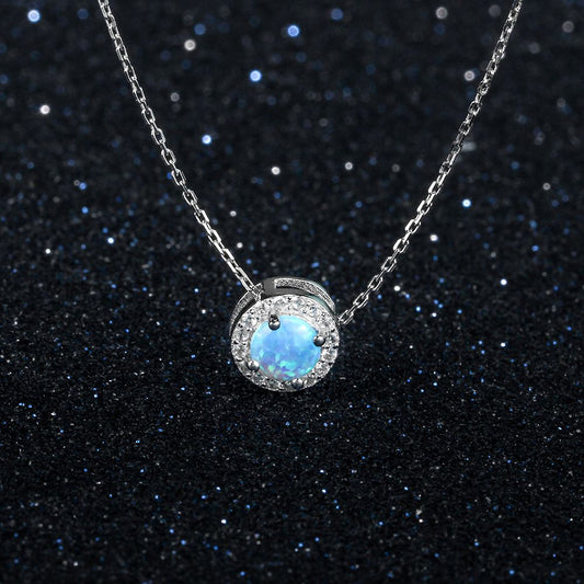 Round Opal Pendant Stainless Steel Cubic Zirconia Circle Necklace Birthday Gifts