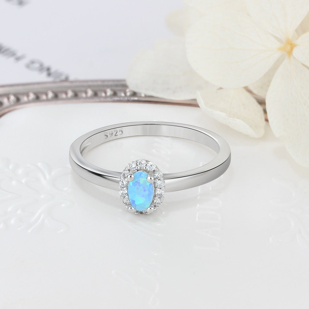 Women Stainless Steel Rings Created Oval Blue White Fire Opal Ring With Zircon Romantic Gift 6 7 8 Size (Lam Hub Fong)