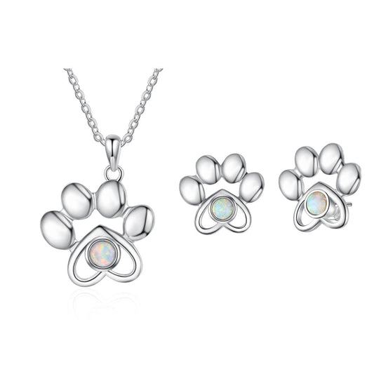 Women Jewelry Set Necklace Earring Cute Paw Necklace Pendant Dog Footprints Stud Earrings Opal Jewelry