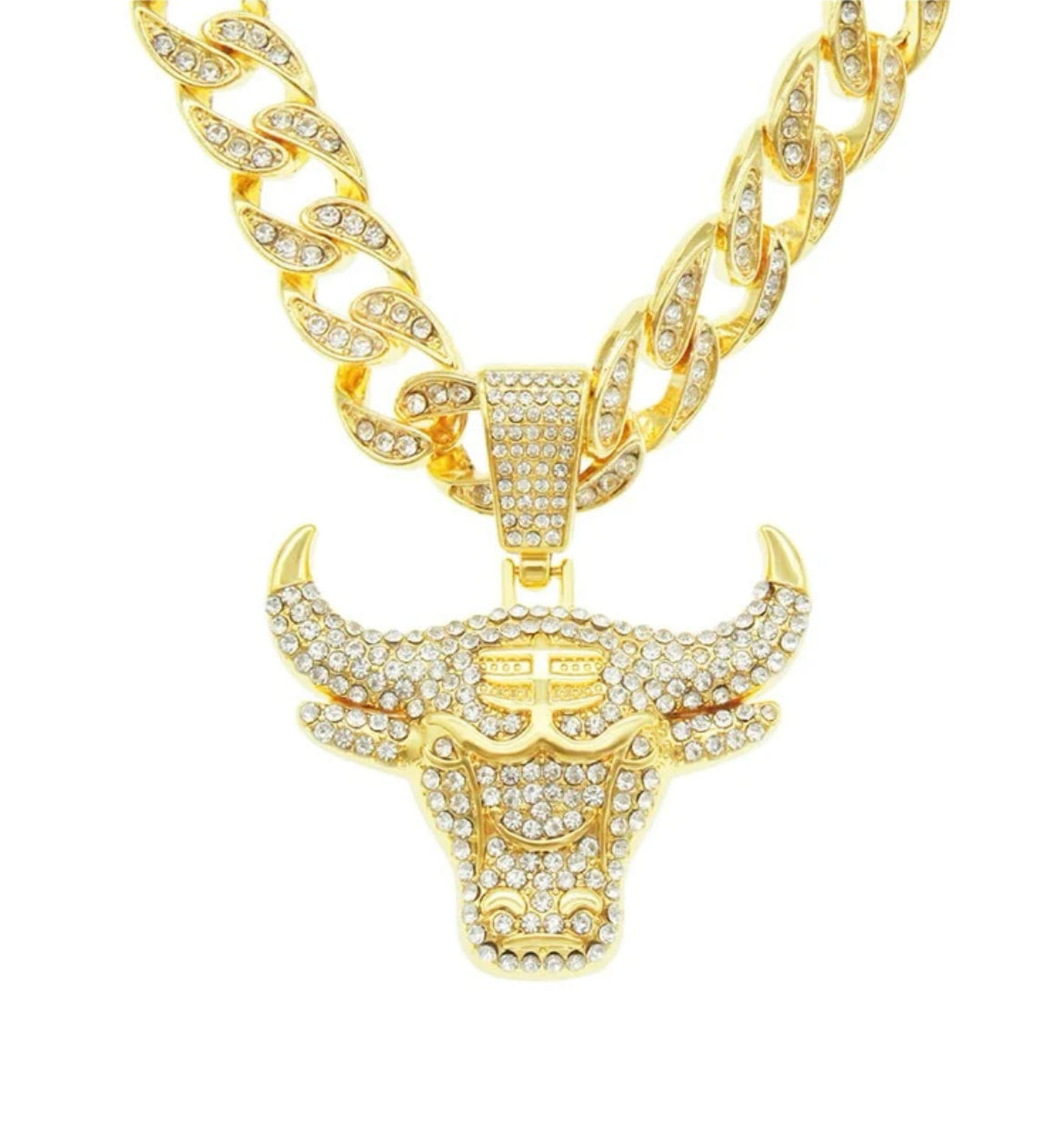 Cuban Chain Rhinestone Necklace For Men With Bull Pendant