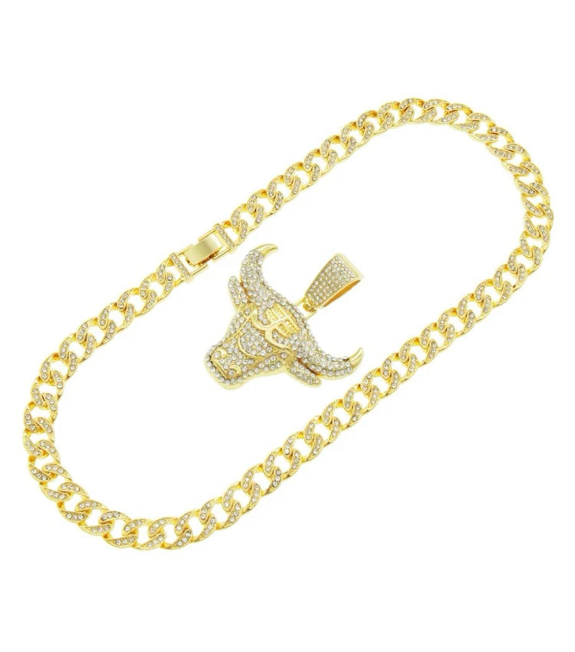 Cuban Chain Rhinestone Necklace For Men With Bull Pendant