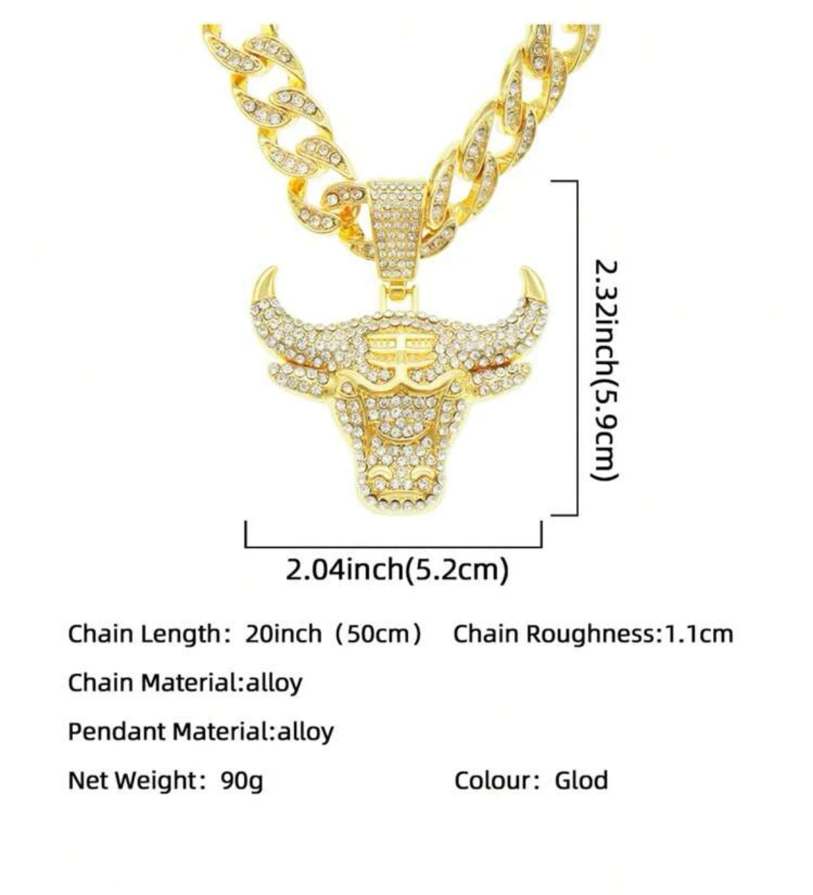 Cuban Chain Rhinestone Necklace For Men With Bull Pendant