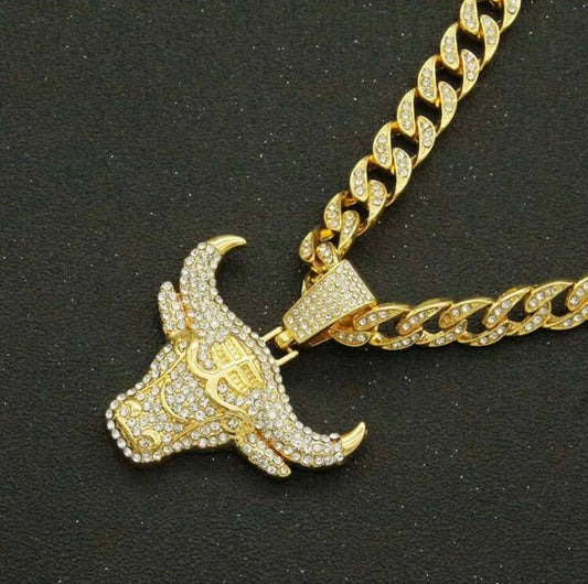 Cuban Chain Rhinestone Necklace For Men With Bull Pendant