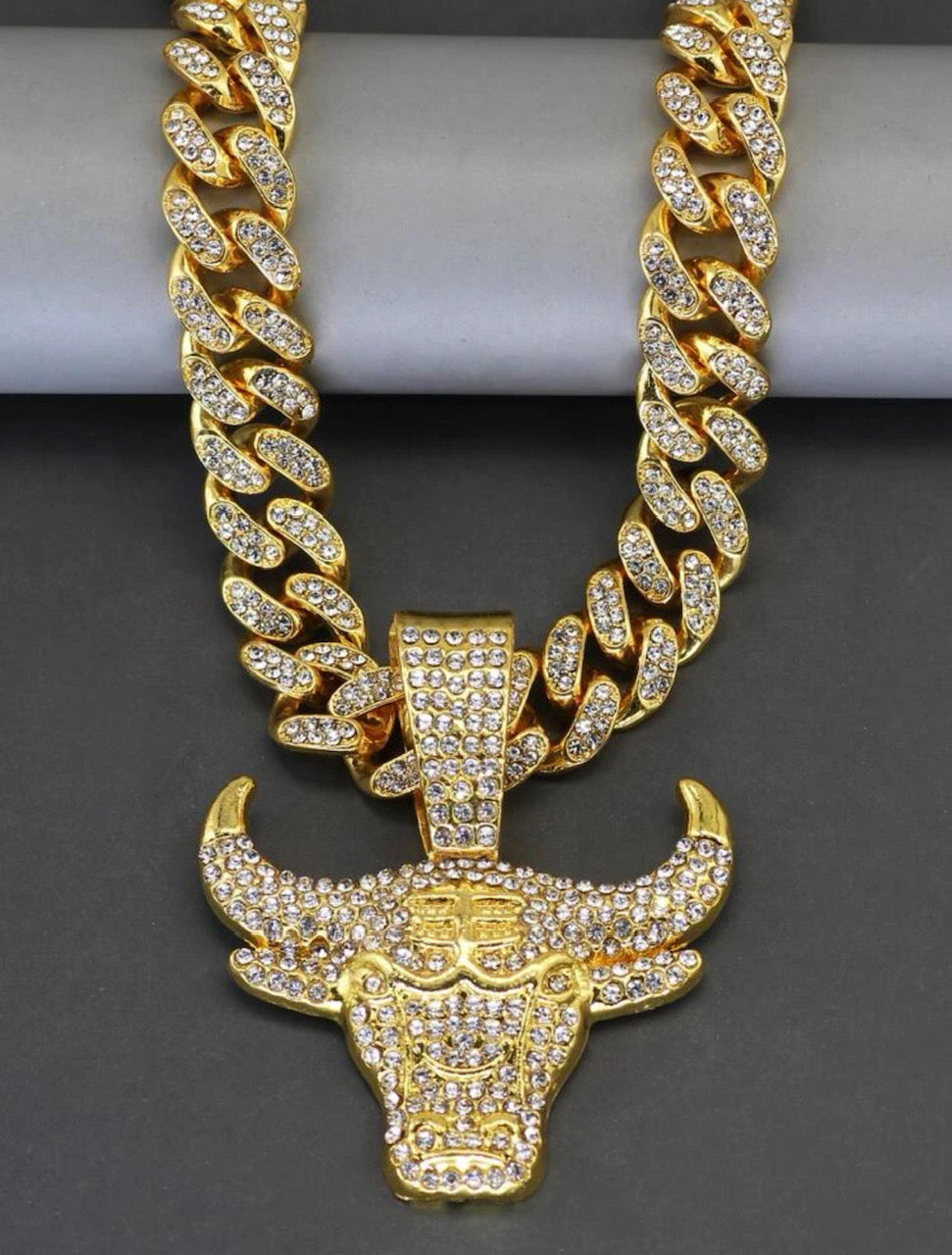 Cuban Chain Rhinestone Necklace For Men With Bull Pendant