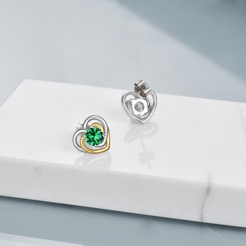 Stainless Steel Heart Stud Earrings With May Birthstone Emerald For Women