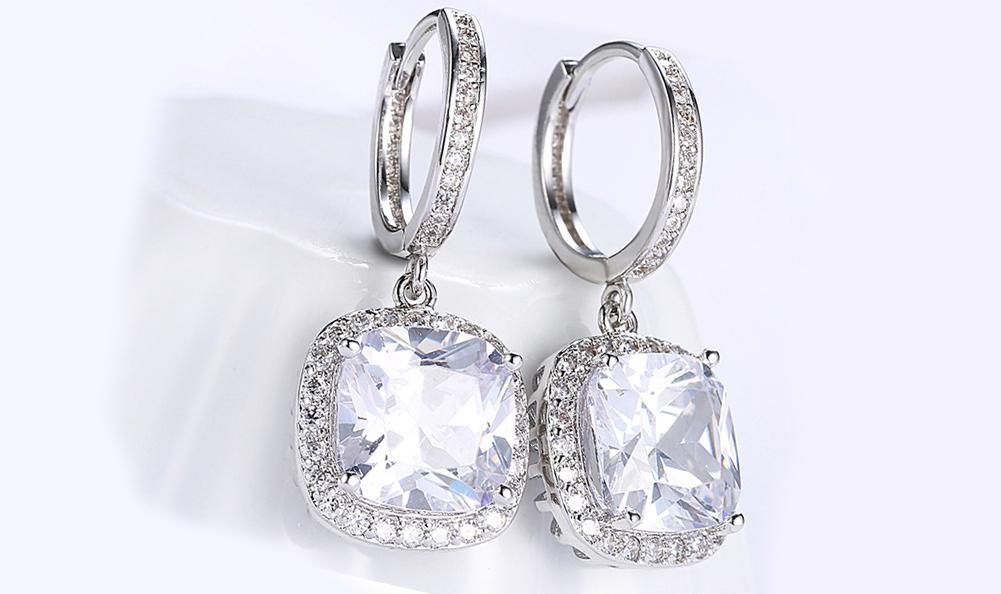 White Austrian Asscher Cut Dangling Lever Back Earrings In White Gold