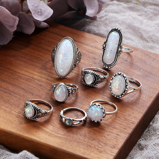 White Gold Plated 8 Piece Opal Ring Set With Austrian Crystals