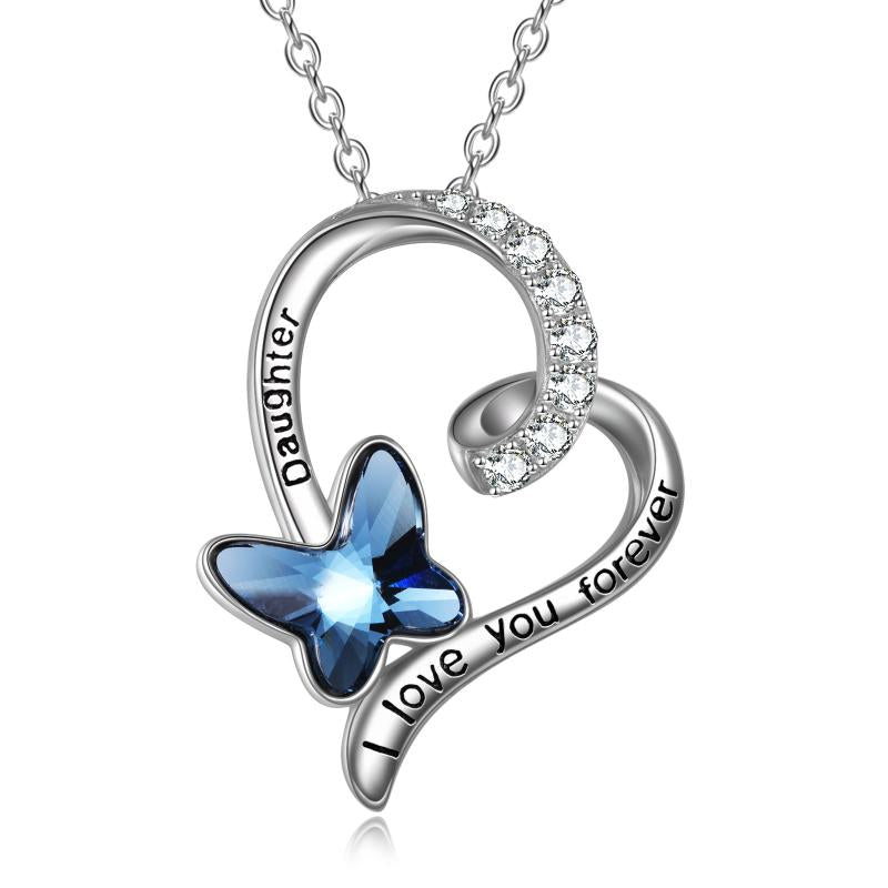 Daughter Necklace Gift For Daughter Birthday Stainless Steel With Blue Butterfly Crystal Heart Necklace