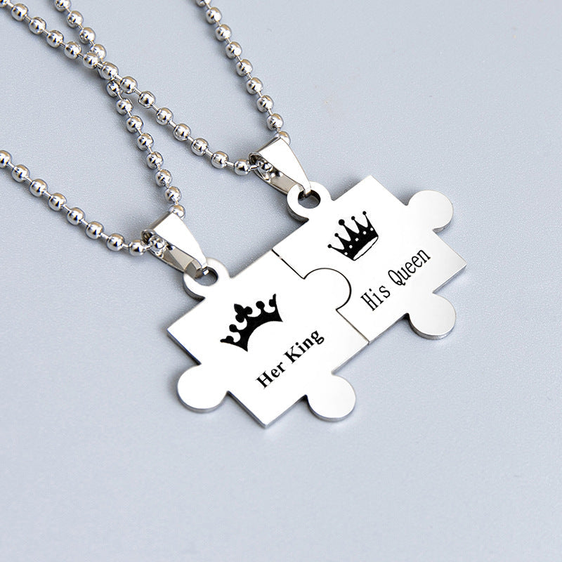 King And Queen Puzzle Pendant Necklace Gift Couples Necklace