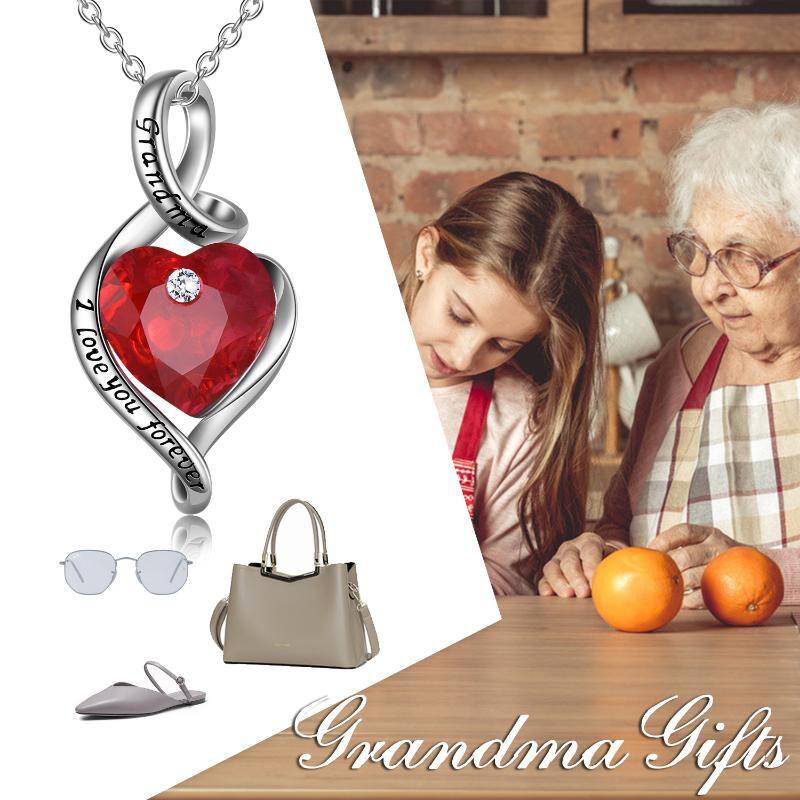 Stainless Steel With Red Heart-Shaped Crystal Necklace For Grandma