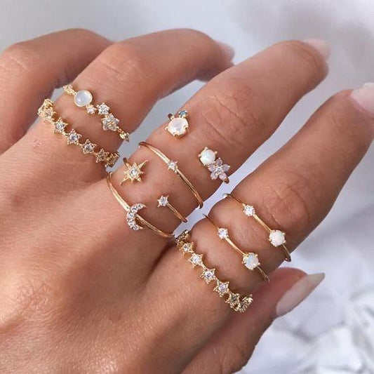 9 Piece Celestial Ring Set With Austrian Crystals Gold Plated Ring Set In Gold Plated