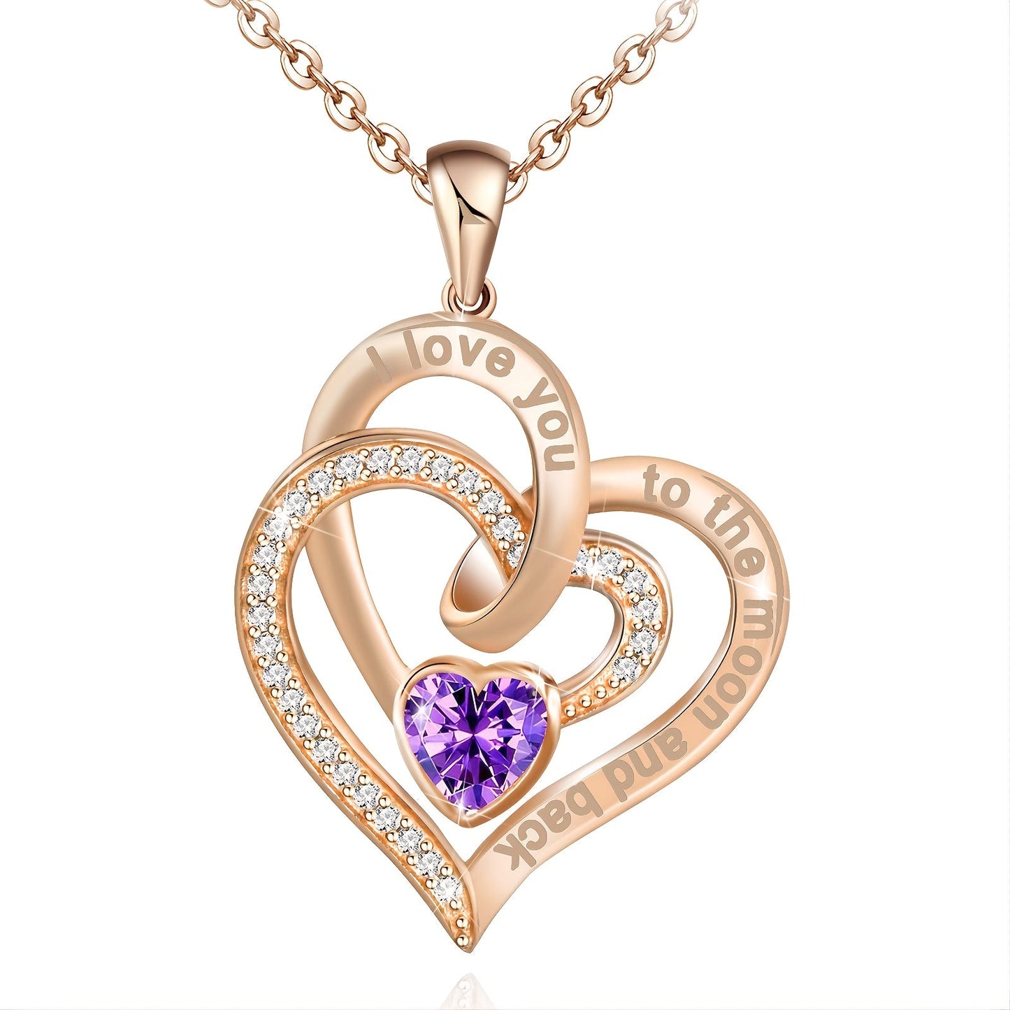 Rose Gold Double Heart Rhinestone Heart Necklace I Love You To The Moon And Back