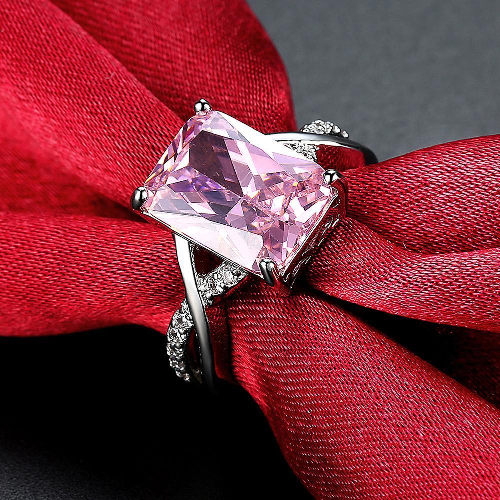 Emerald Cut Pink Crystal Swirl Ring Set In White Gold Plating Made With Austrian Elements ITALY Made