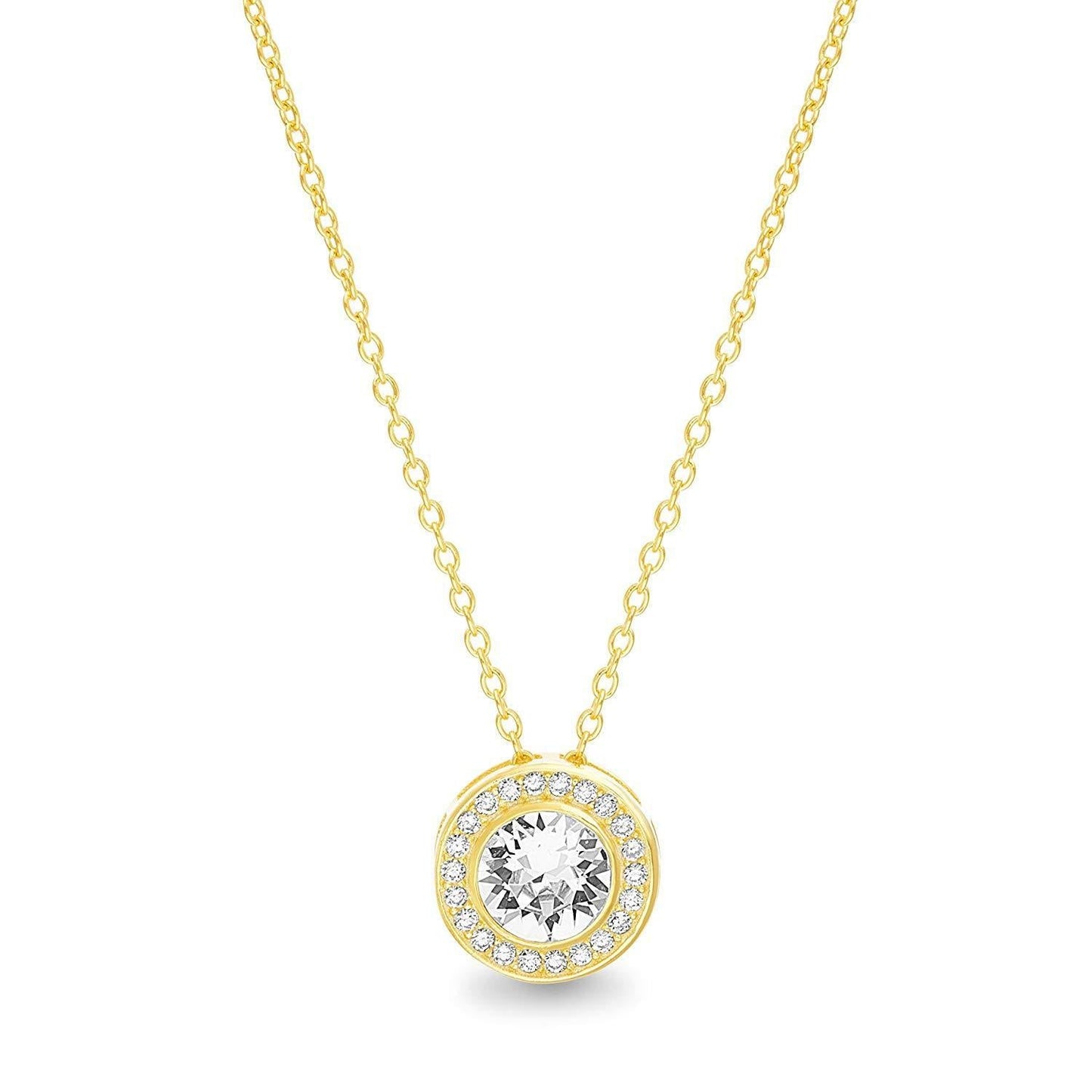 Pave Halo Disc Necklace & Pave Hoop Earring Made With Austrian Crystals With Luxe Box - Gold