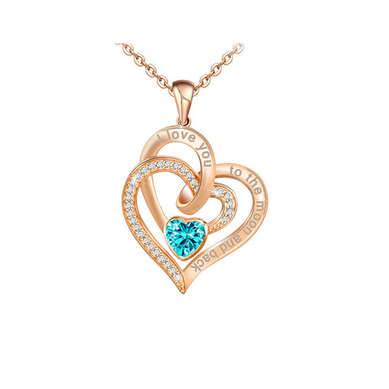 Rose Gold Double Heart Rhinestone Heart Necklace I Love You To The Moon And Back