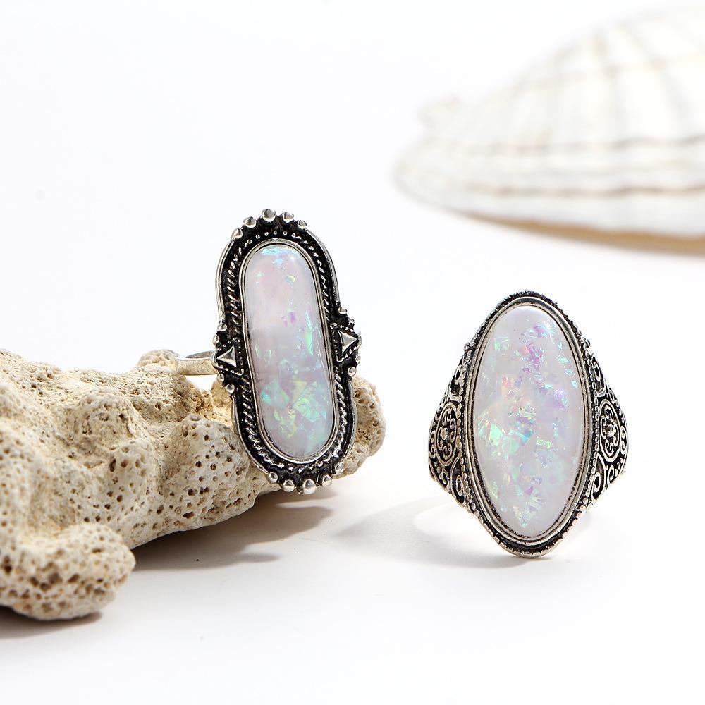 White Gold Plated 8 Piece Opal Ring Set With Austrian Crystals