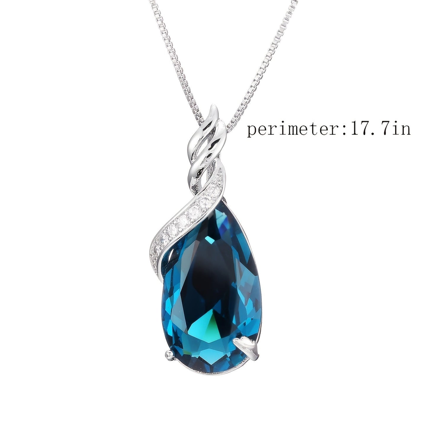 Water Drop Crystal Blue Topaz Pendant Necklace - Stainless Steel