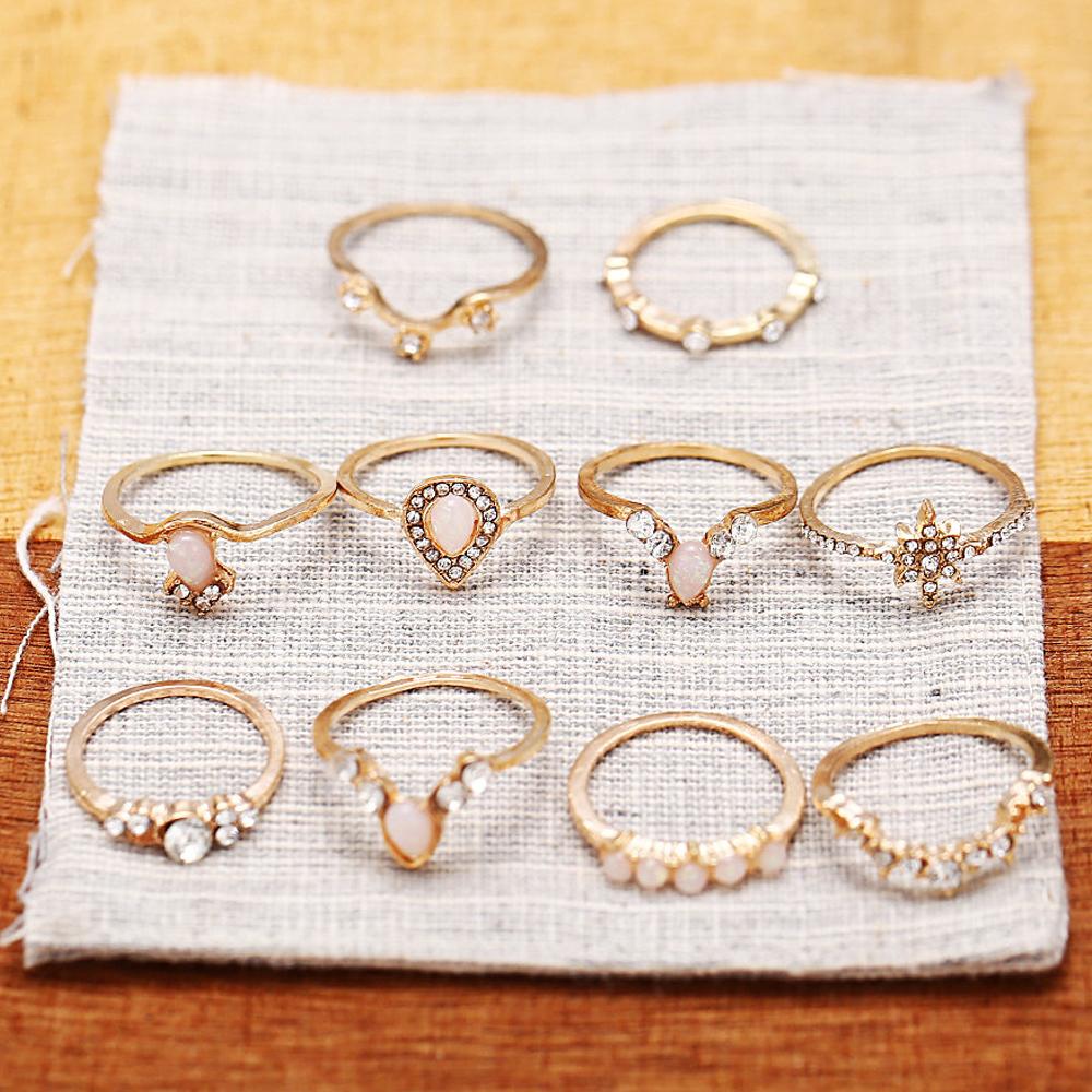 Gold Plated 10 Piece Opal Created Ring Set Crystals