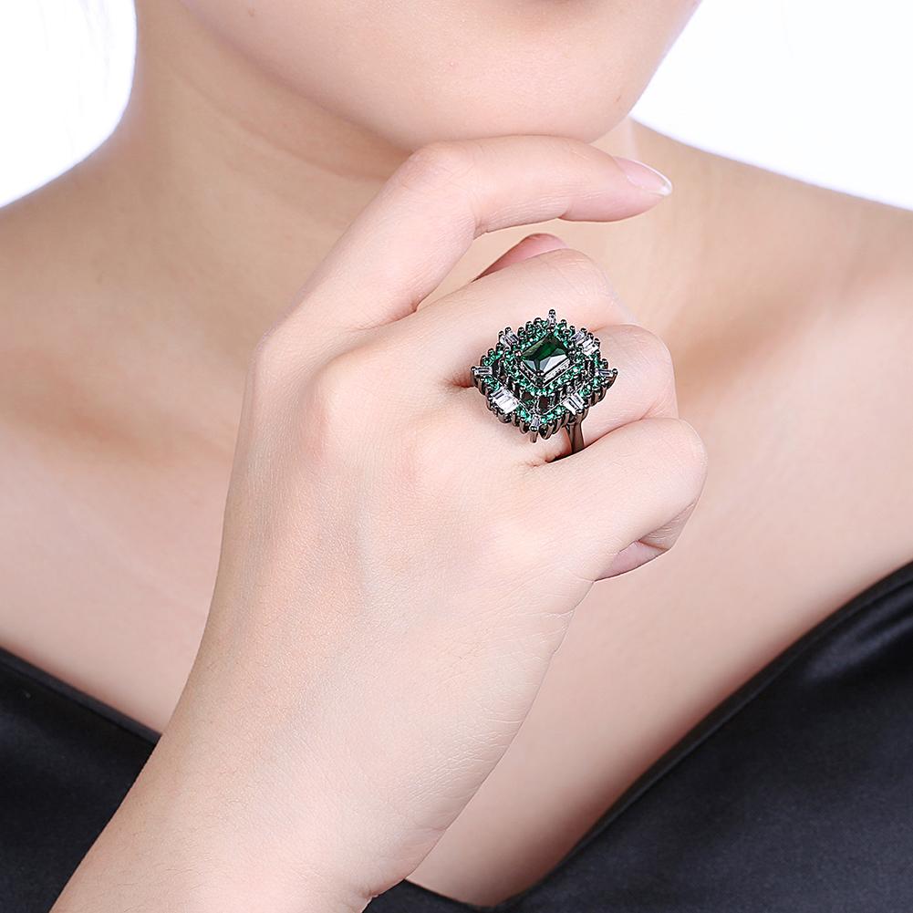 Black Plated Double Teired Cocktail Ring With Green Emerald  Crystals Ring