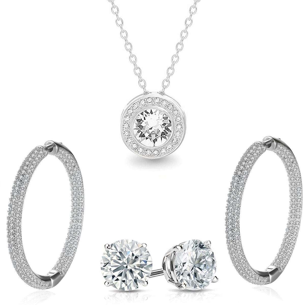 Pave Halo Disc Necklace & Pave Hoop Earring Made With Austrian Crystals With Luxe Box - Gold