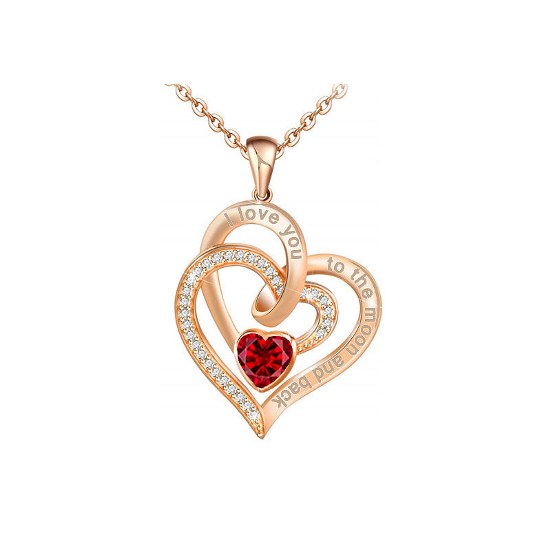 Rose Gold Double Heart Rhinestone Heart Necklace I Love You To The Moon And Back