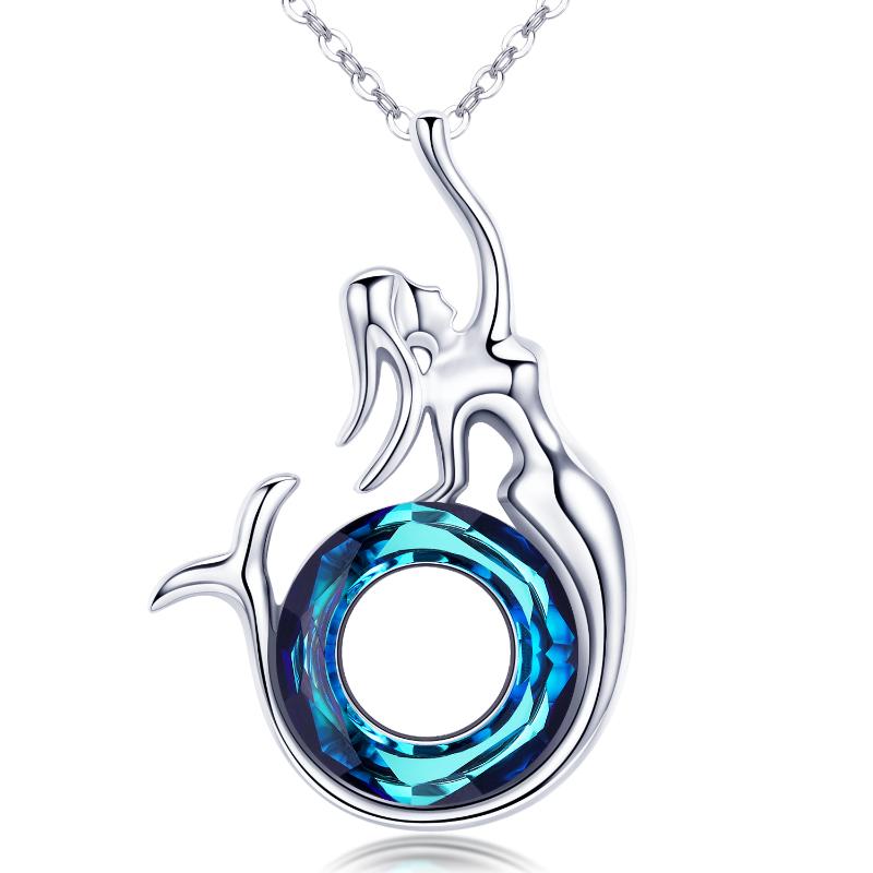 Stainless Steel Crystal Little Mermaid Pendant Necklace For Women Girls Jewelry