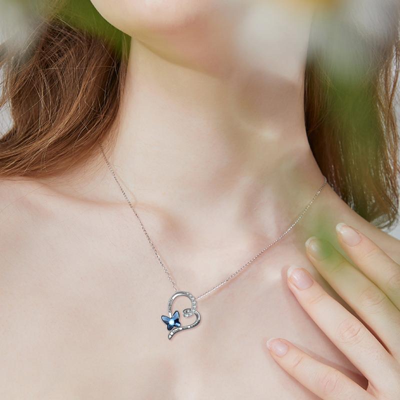 Daughter Necklace Gift For Daughter Birthday Stainless Steel With Blue Butterfly Crystal Heart Necklace